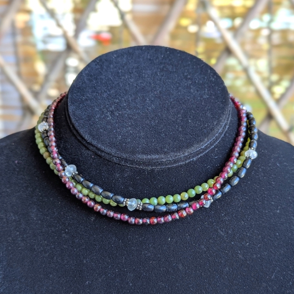 Artisan Garnet Obsidian Peridot Beaded Choker Necklace